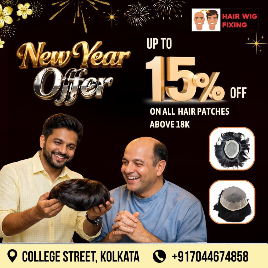 New year offer of 15% off on hair wigs and hair patches for men in kolkata at hair wig fixing centre at college street kolkata
