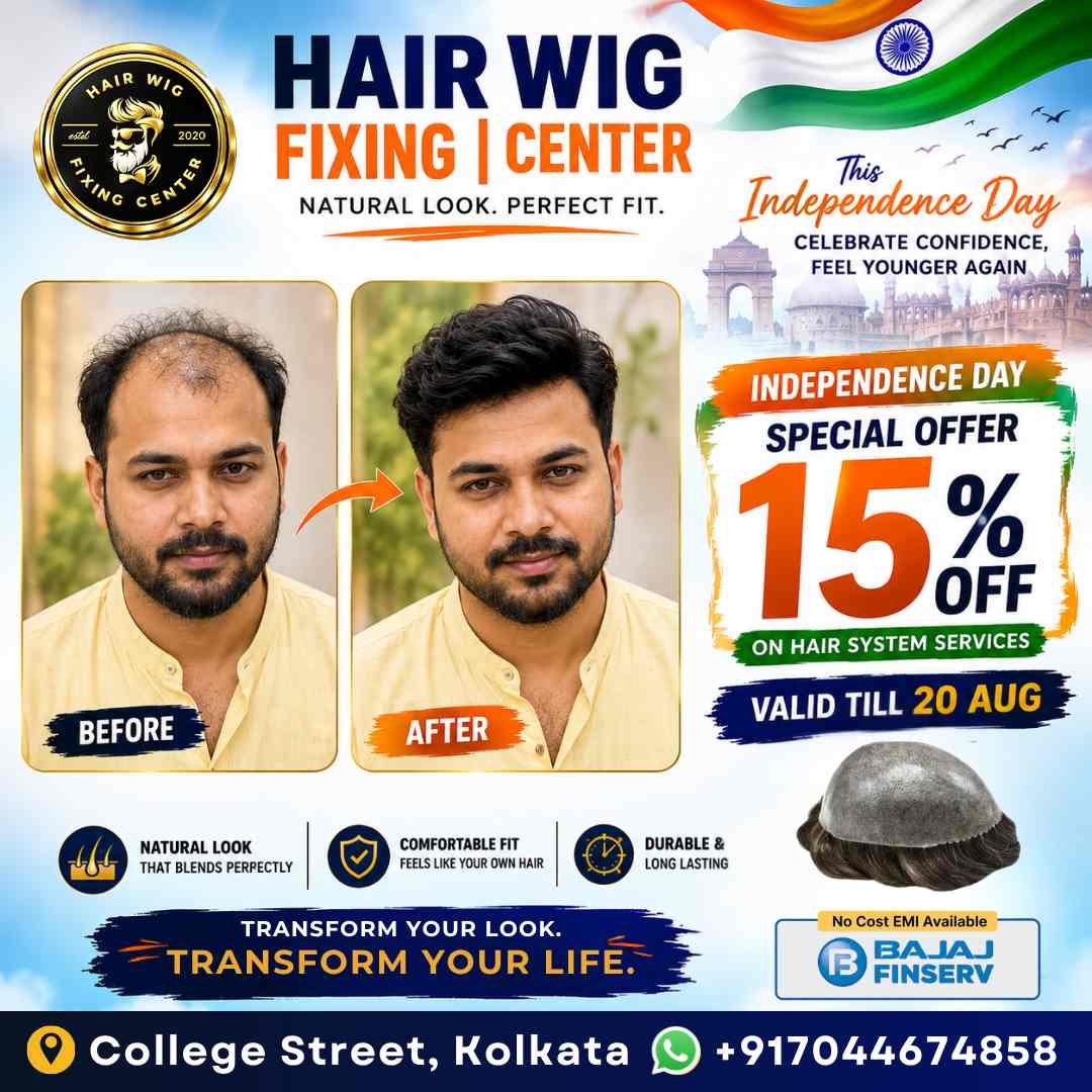 Independence Day 15 August, 15% off on hair wig fixing and hair patch services in College Street Kolkata.